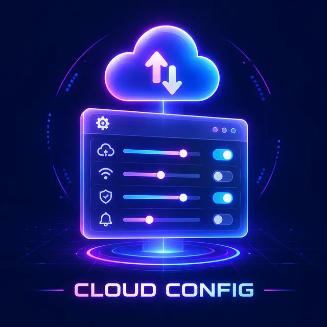 Cloud config feature illustration: a settings panel with a cloud sync icon